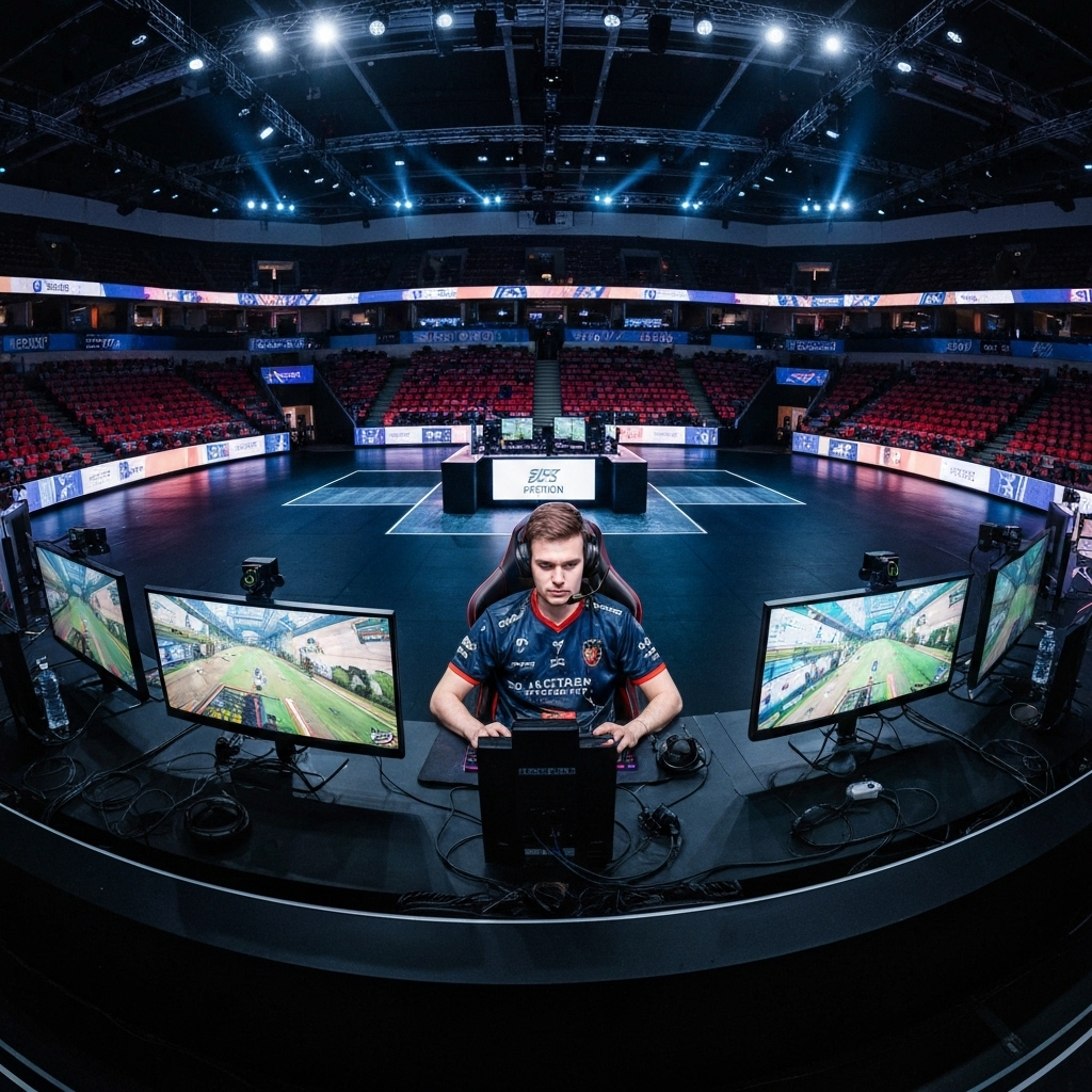 Esports tournament arena with professional gamers competing