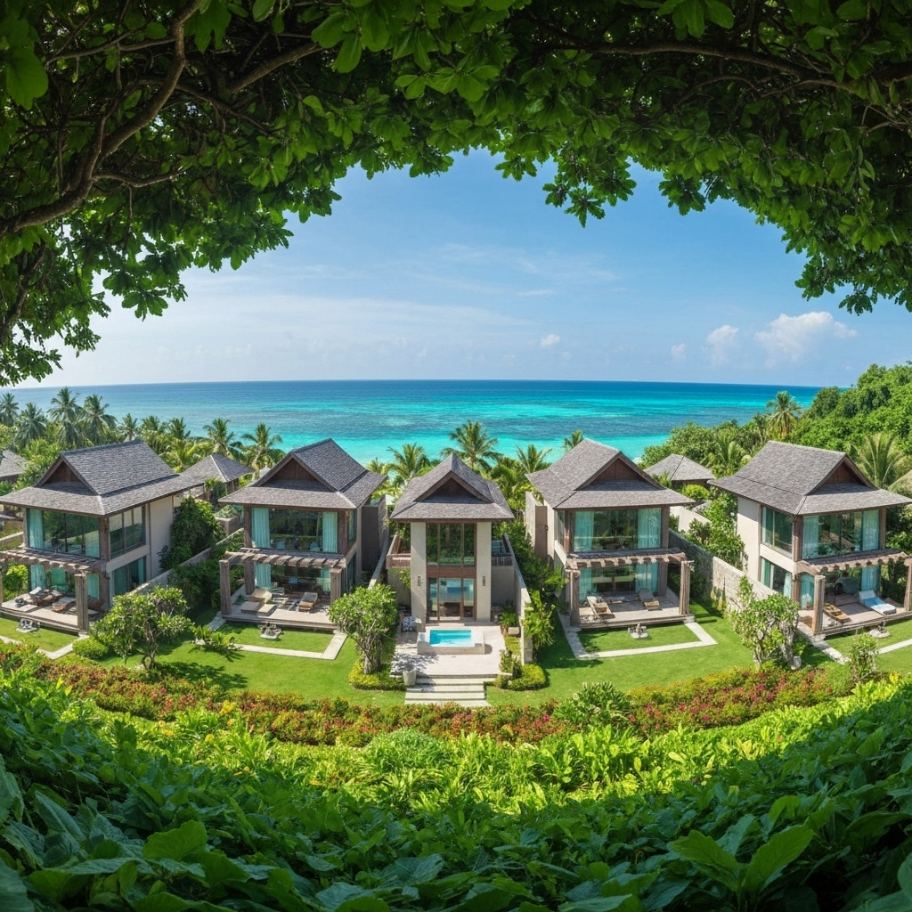Luxury resort beachfront villas with tropical landscaping