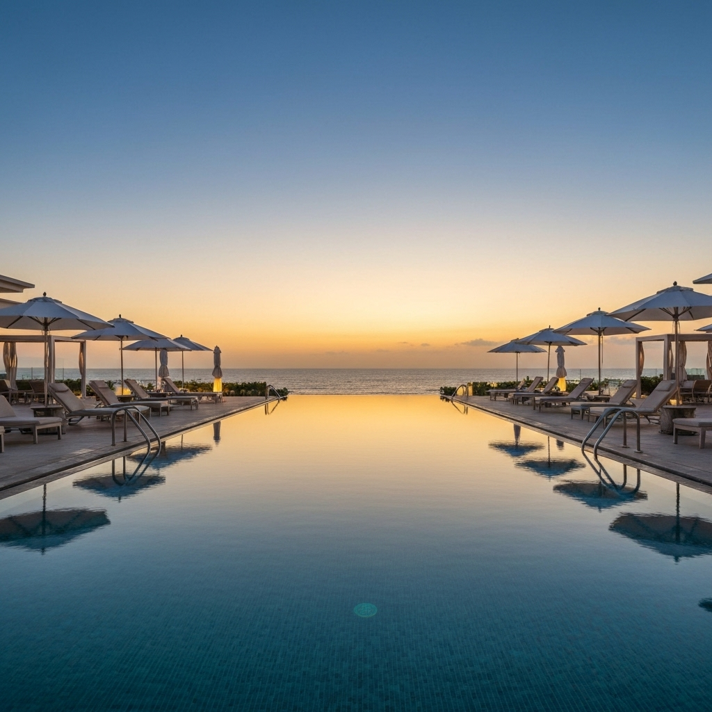 Luxury resort infinity pool overlooking ocean at sunset